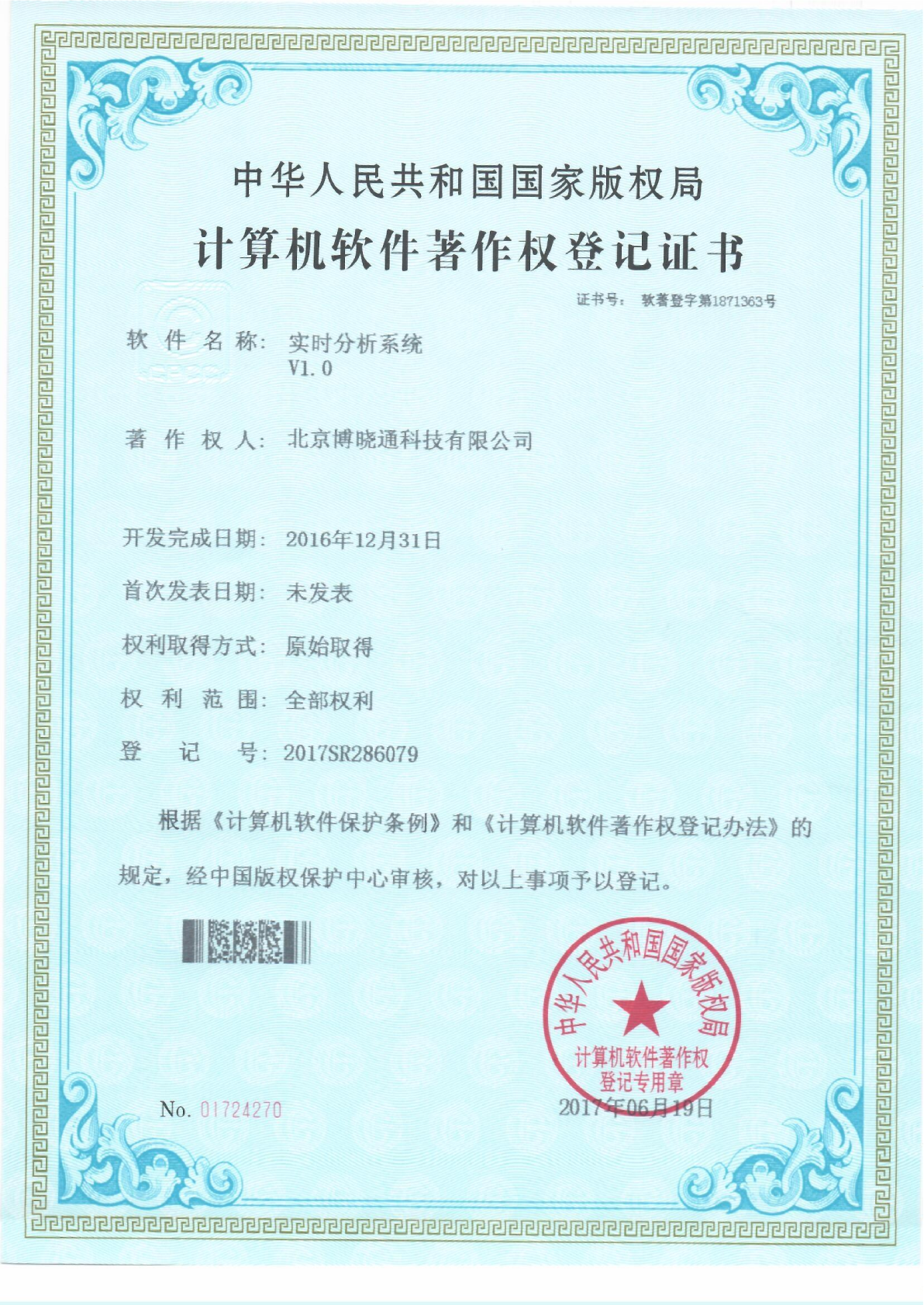 Software Copyrights - 实时分析系统